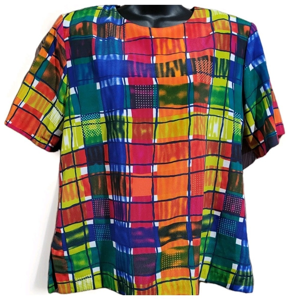 Vintage Art to Wear Blouse Sz 14 Colorful Funky Teacher Kidcore Retro Geometric